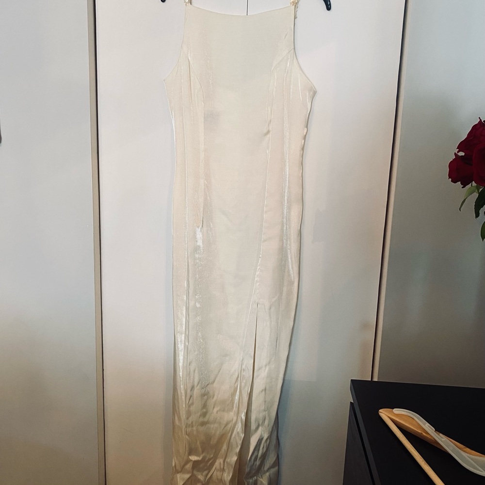 Off white satindress long with strap pearl
